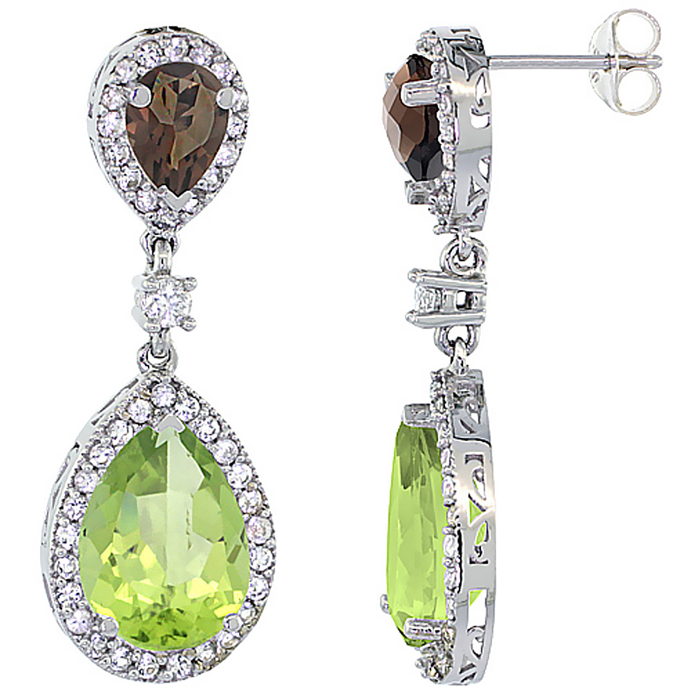 14K WHITE GOLD NATURAL PERIDOT & SMOKY TOPAZ TEARDROP EARRINGS WHITE SAPPHIRE & DIAMOND