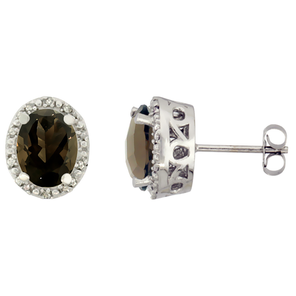 10K WHITE GOLD GENUINE SMOKY TOPAZ STUD EARRINGS DIAMOND HALO OVAL 8X6 MM