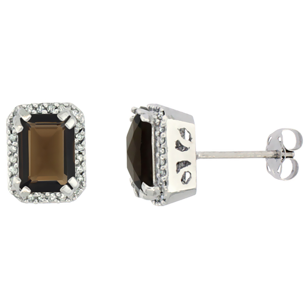 10K WHITE GOLD DIAMOND NATURAL SMOKY TOPAZ EARRINGS OCTAGON 7X5 MM