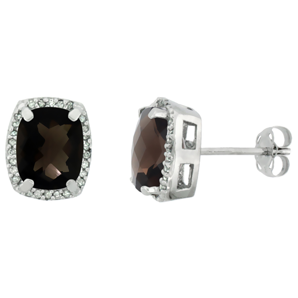 10K WHITE GOLD DIAMOND NATURAL SMOKY TOPAZ EARRINGS OCTAGON CUSHION 8X6 MM