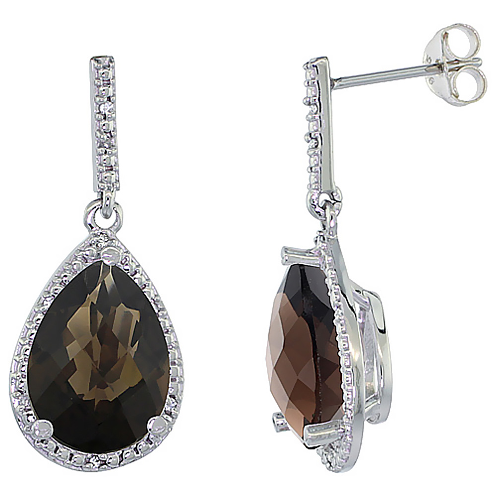 10K WHITE GOLD DIAMOND HALO NATURAL SMOKY TOPAZ DANGLE EARRINGS PEAR SHAPED 12X8 MM
