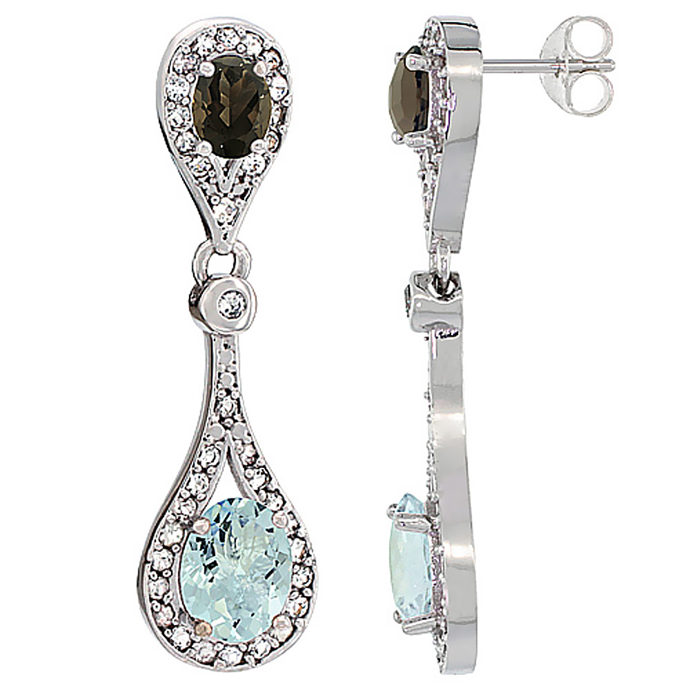 14K White Gold Natural Aquamarine & Smoky Topaz Oval Dangling Earrings White Sapphire & Diamond Accents, 1 3/8 inches long