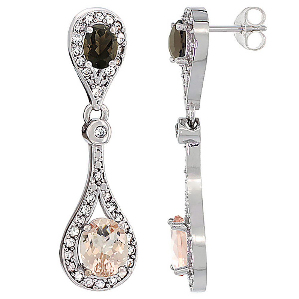14K WHITE GOLD NATURAL MORGANITE & SMOKY TOPAZ OVAL DANGLING EARRINGS WHITE SAPPHIRE & DIAMOND ACCENTS, 1 3/8 INCHES LONG