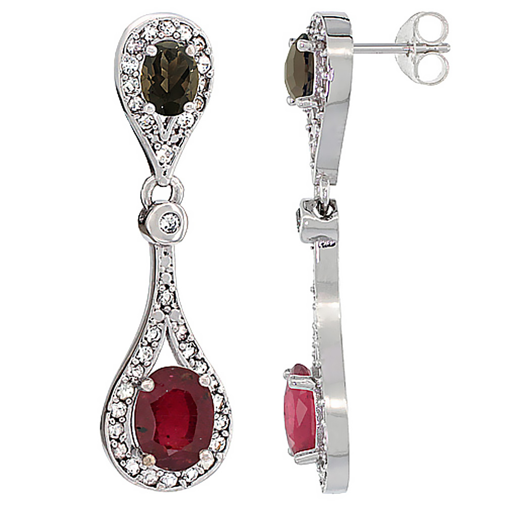 14K WHITE GOLD ENHANCED RUBY & SMOKY TOPAZ OVAL DANGLING EARRINGS WHITE SAPPHIRE & DIAMOND ACCENTS, 1 3/8 INCHES LONG