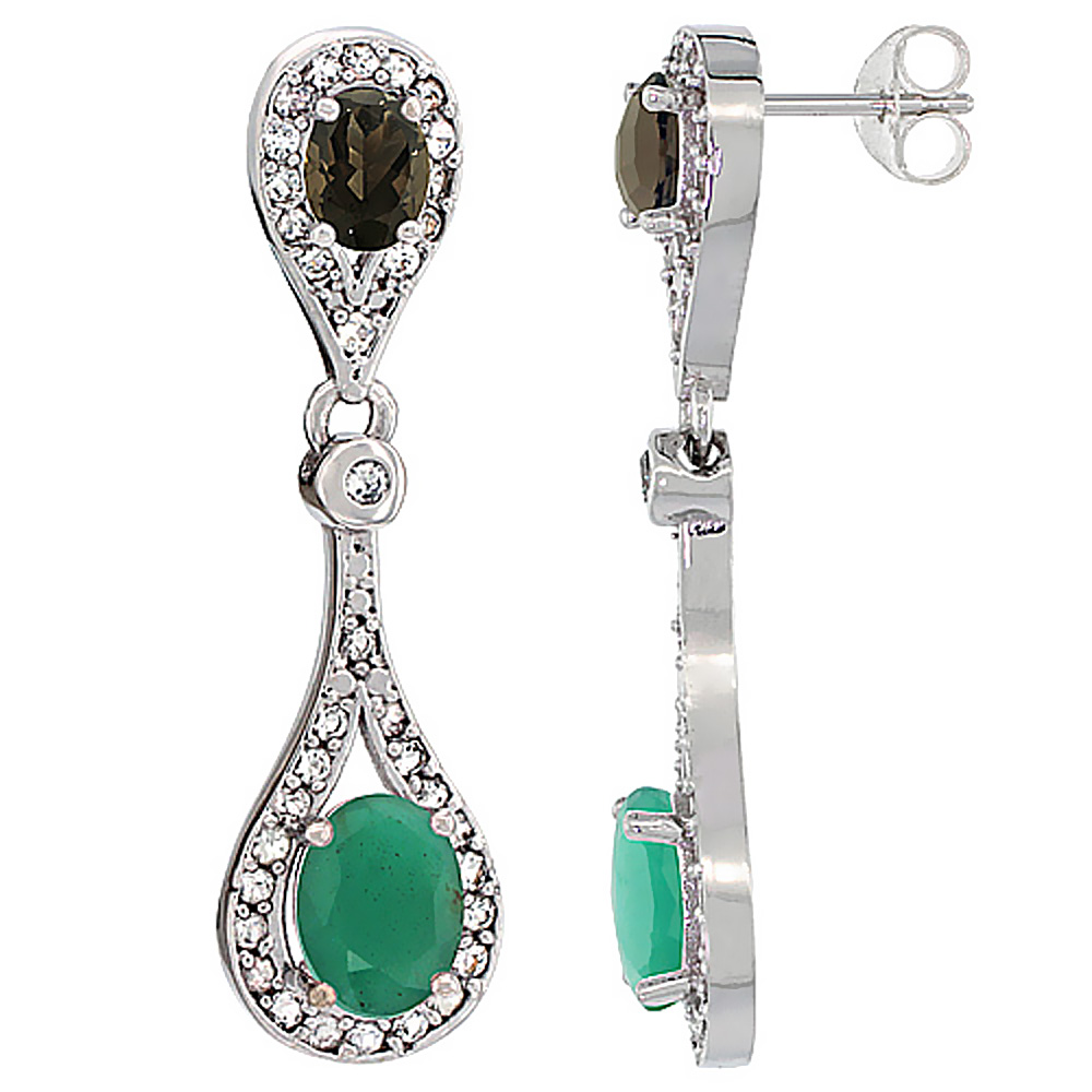 10K White Gold Natural Emerald &amp; Smoky Topaz Oval Dangling Earrings White Sapphire &amp; Diamond Accents, 1 3/8 inches long
