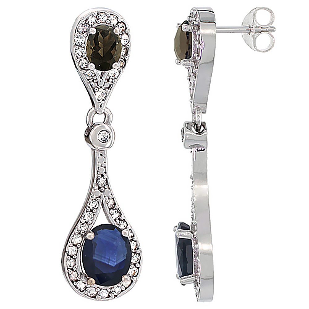 10K White Gold Natural Blue Sapphire & Smoky Topaz Oval Dangling Earrings White Sapphire & Diamond Accents, 1 3/8 inches long