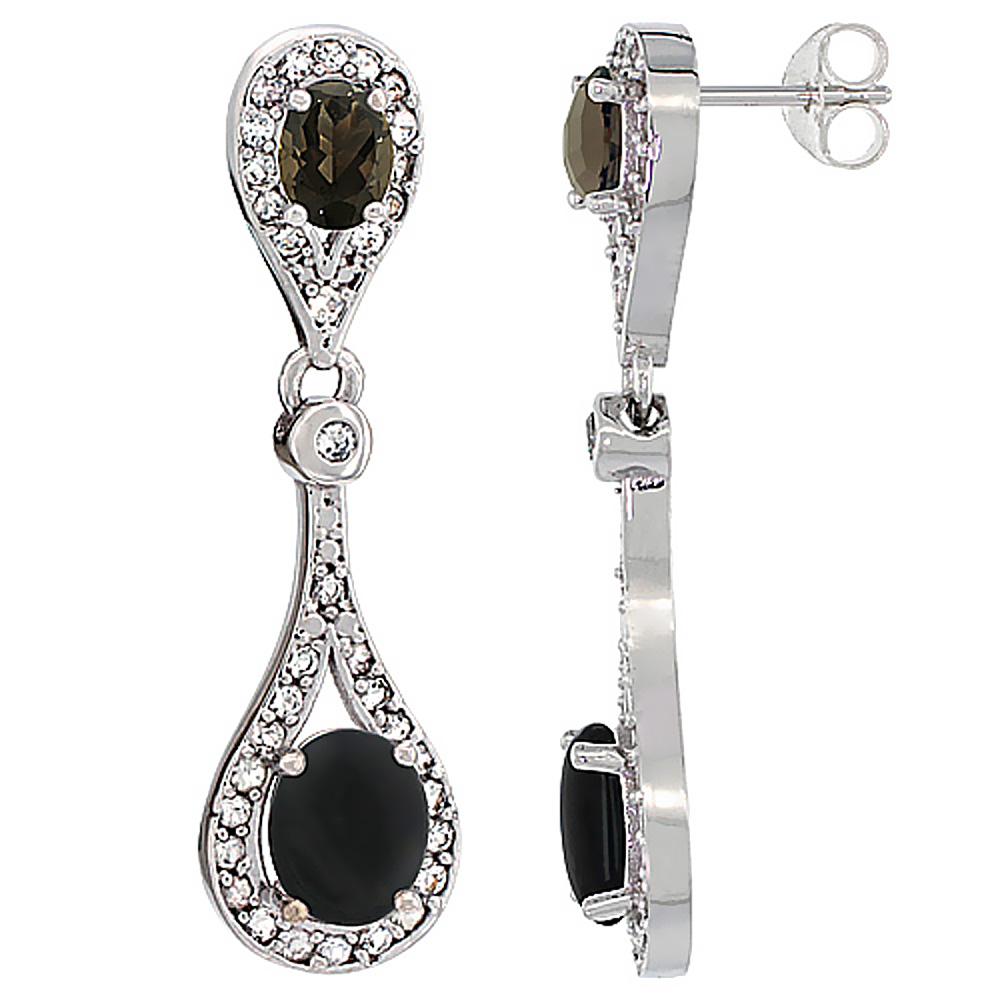 14K White Gold Natural Black Onyx & Smoky Topaz Oval Dangling Earrings White Sapphire & Diamond Accents, 1 3/8 inches long