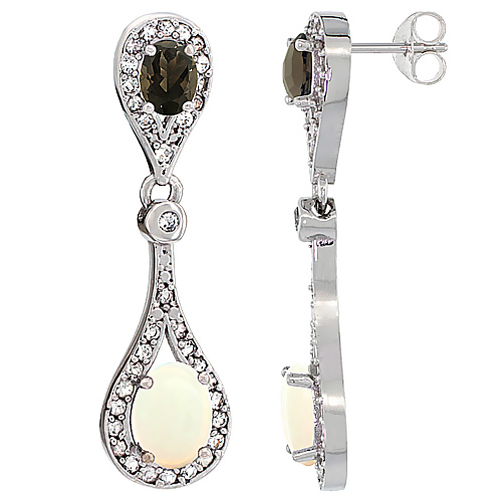 14K WHITE GOLD NATURAL OPAL & SMOKY TOPAZ OVAL DANGLING EARRINGS WHITE SAPPHIRE & DIAMOND ACCENTS, 1 3/8 INCHES LONG