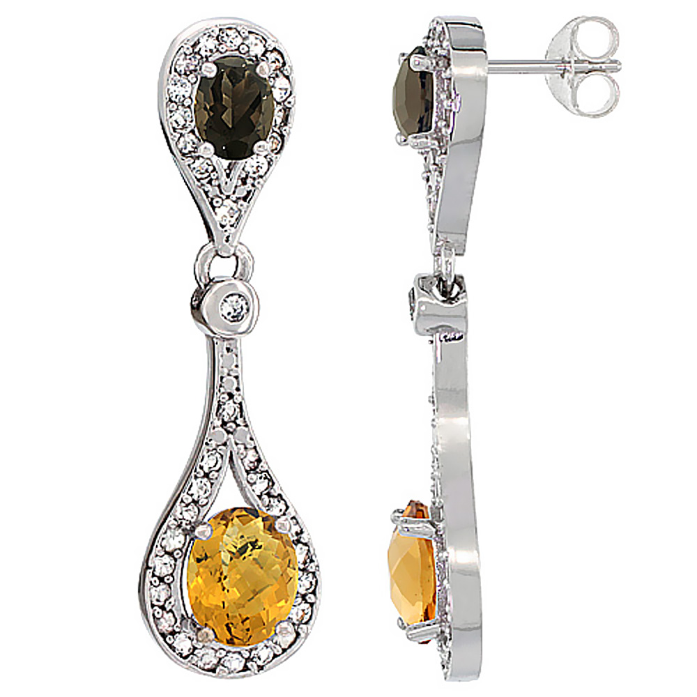 10K White Gold Natural Whisky Quartz &amp; Smoky Topaz Oval Dangling Earrings White Sapphire &amp; Diamond Accents, 1 3/8 inches long