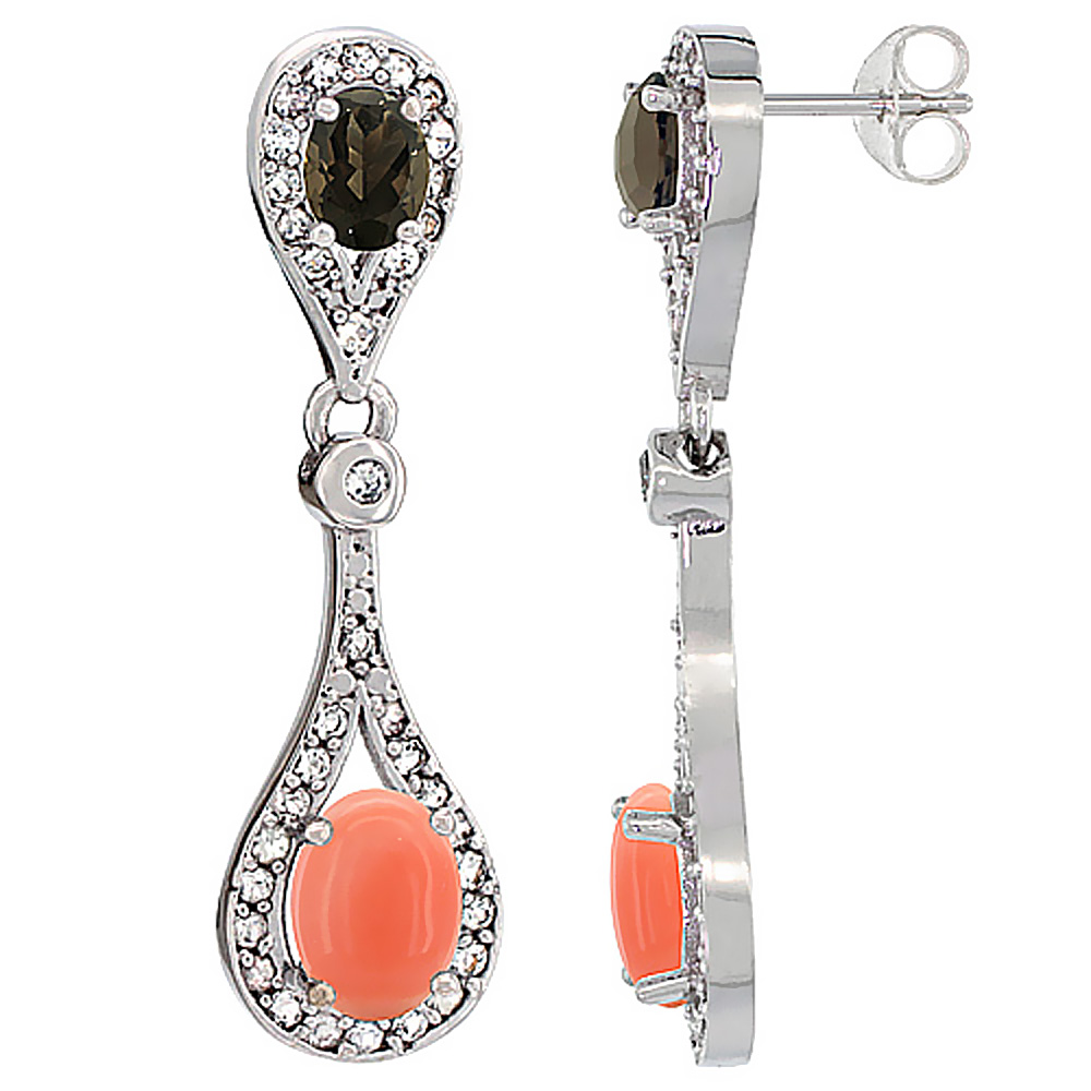 14K WHITE GOLD NATURAL CORAL & SMOKY TOPAZ OVAL DANGLING EARRINGS WHITE SAPPHIRE & DIAMOND ACCENTS, 1 3/8 INCHES LONG