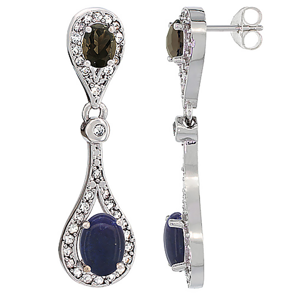 10K White Gold Natural Lapis & Smoky Topaz Oval Dangling Earrings White Sapphire & Diamond Accents, 1 3/8 inches long