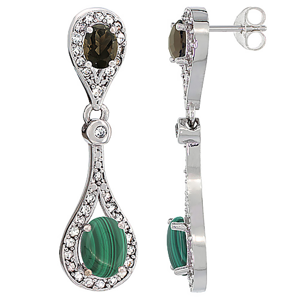 10K White Gold Natural Malachite & Smoky Topaz Oval Dangling Earrings White Sapphire & Diamond Accents, 1 3/8 inches long