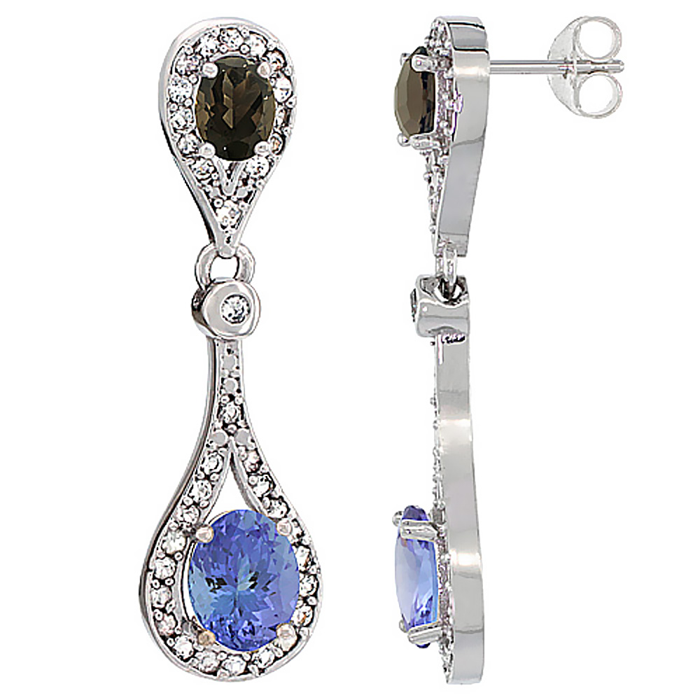 10K White Gold Natural Tanzanite &amp; Smoky Topaz Oval Dangling Earrings White Sapphire &amp; Diamond Accents, 1 3/8 inches long