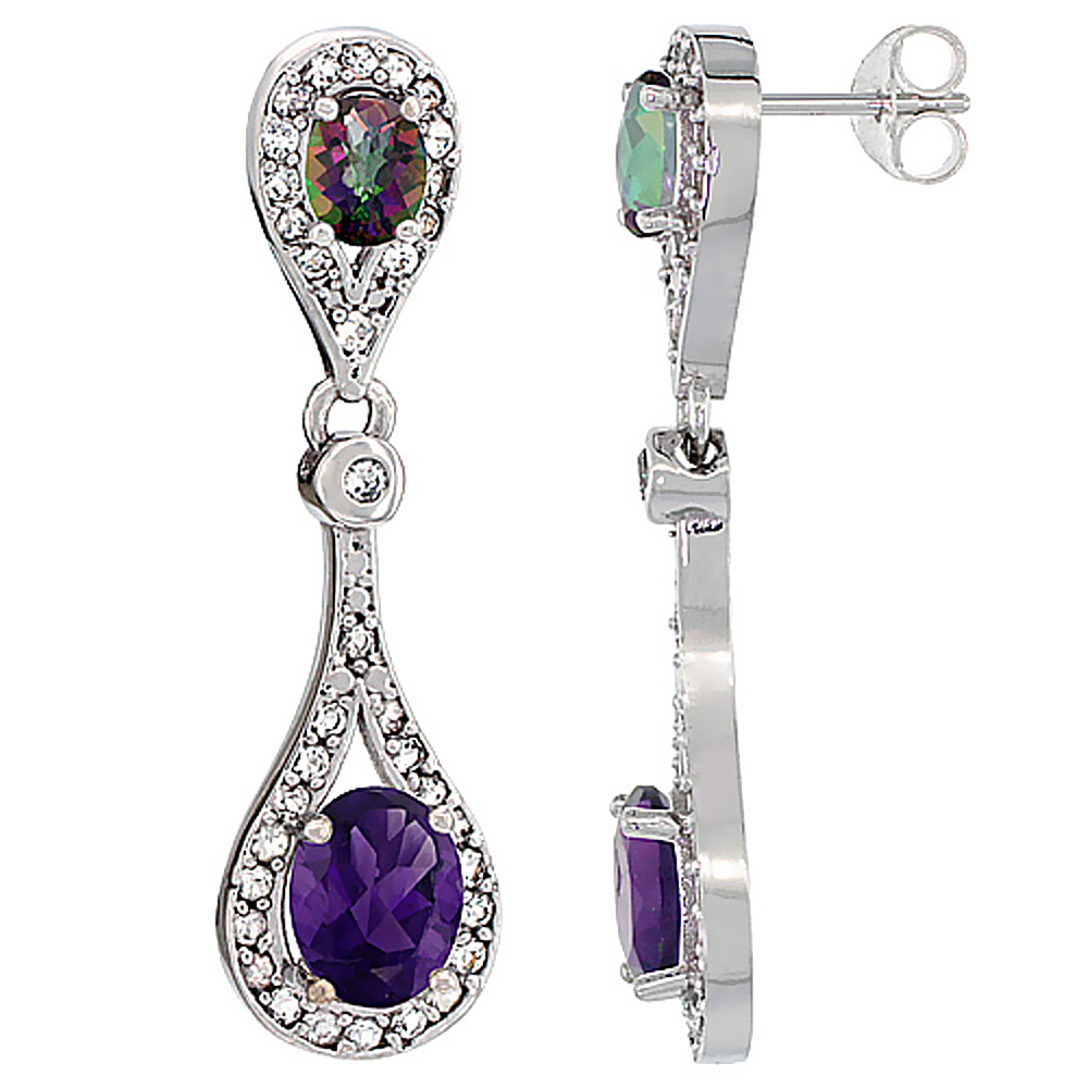14K White Gold Natural Amethyst & Mystic Topaz Oval Dangling Earrings White Sapphire & Diamond Accents, 1 3/8 inches long