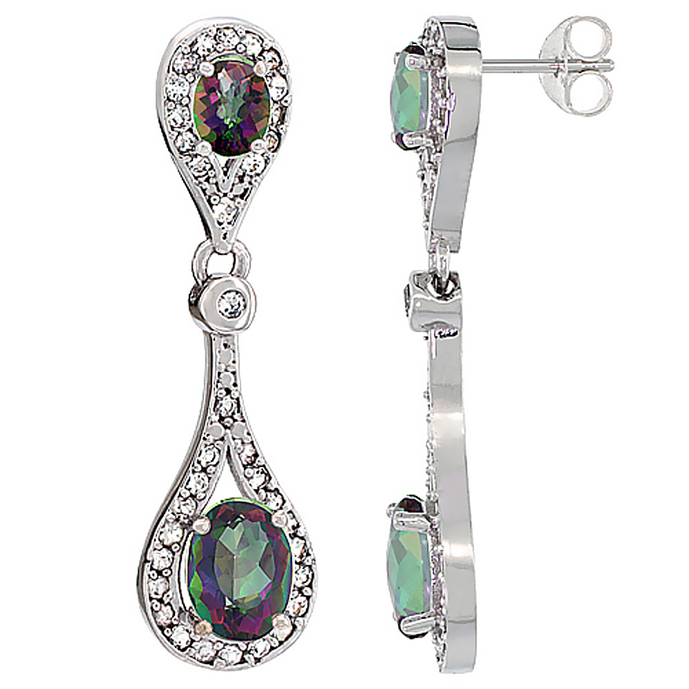 10K White Gold Natural Green Mystic Topaz & Mystic Topaz Oval Dangling Earrings White Sapphire & Diamond Accents, 1 3/8 inches long