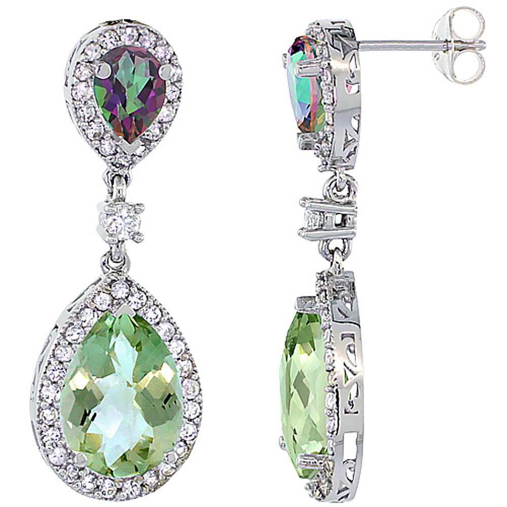 14K WHITE GOLD NATURAL AMETHYST & MYSTIC TOPAZ TEARDROP EARRINGS WHITE SAPPHIRE & DIAMOND