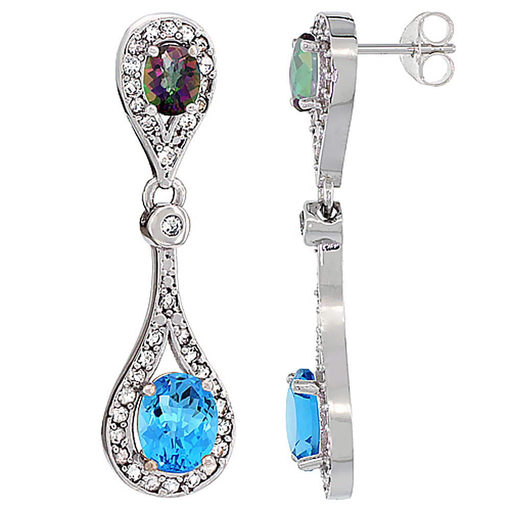 14K WHITE GOLD NATURAL SWISS BLUE TOPAZ & MYSTIC TOPAZ OVAL DANGLING EARRINGS WHITE SAPPHIRE & DIAMOND ACCENTS, 1 3/8 INCHES LONG