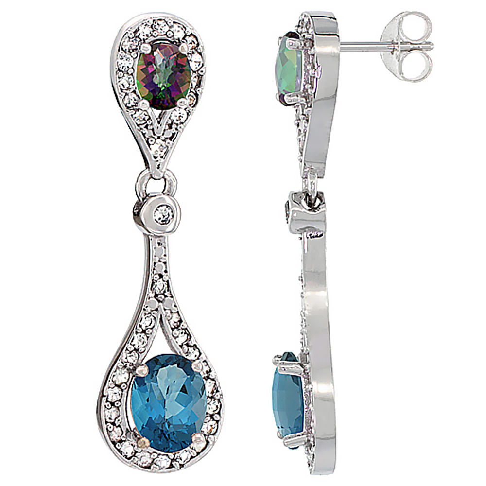 14K WHITE GOLD NATURAL LONDON BLUE TOPAZ & MYSTIC TOPAZ OVAL DANGLING EARRINGS WHITE SAPPHIRE & DIAMOND ACCENTS, 1 3/8 INCHES LONG
