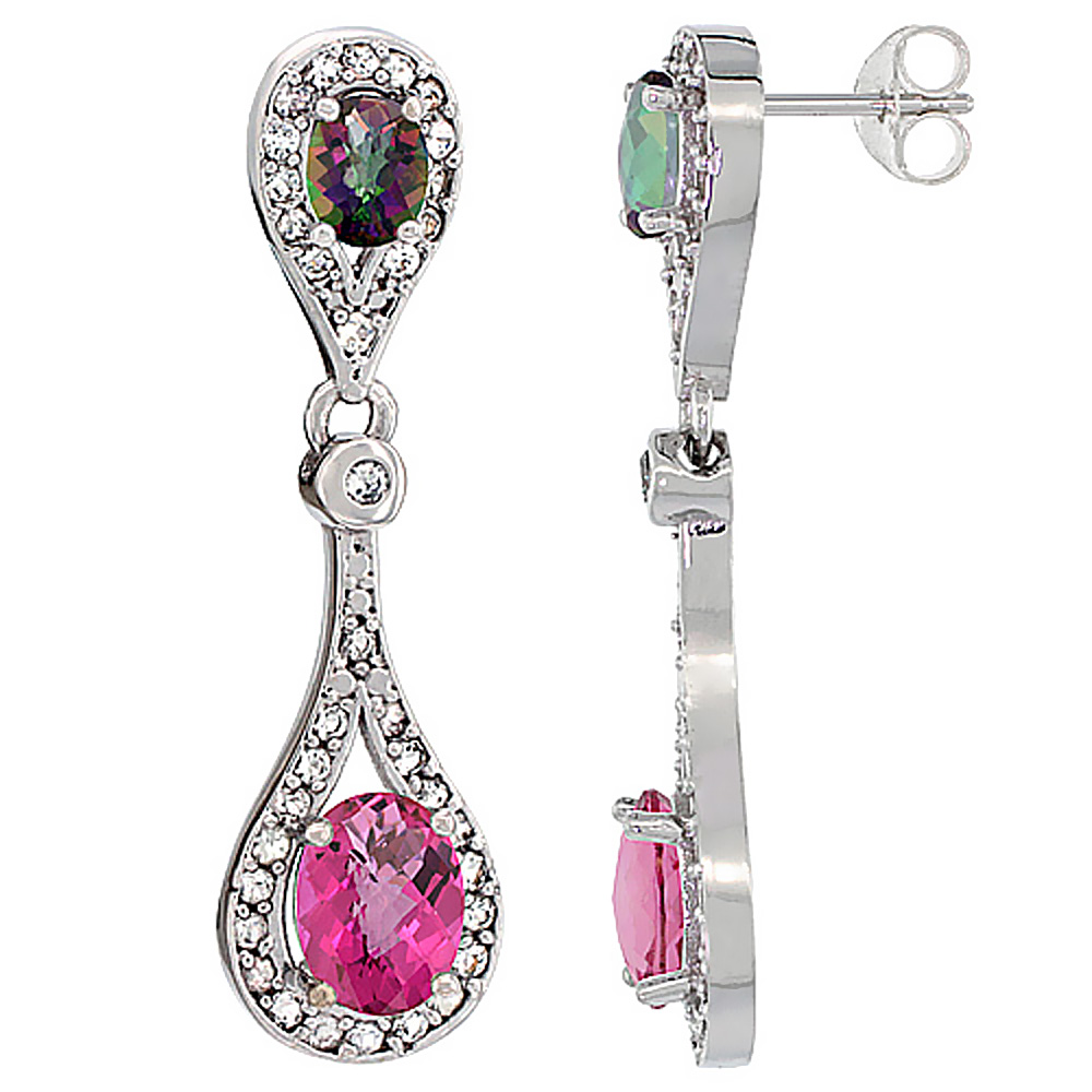 14K WHITE GOLD NATURAL PINK TOPAZ & MYSTIC TOPAZ OVAL DANGLING EARRINGS WHITE SAPPHIRE & DIAMOND ACCENTS, 1 3/8 INCHES LONG