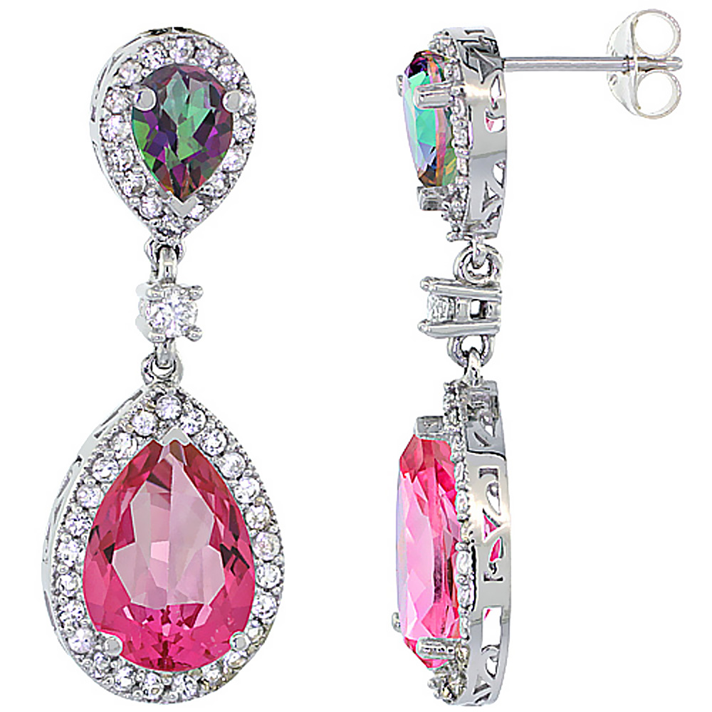 14K WHITE GOLD NATURAL PINK & MYSTIC TOPAZES TEARDROP EARRINGS WHITE SAPPHIRE & DIAMOND