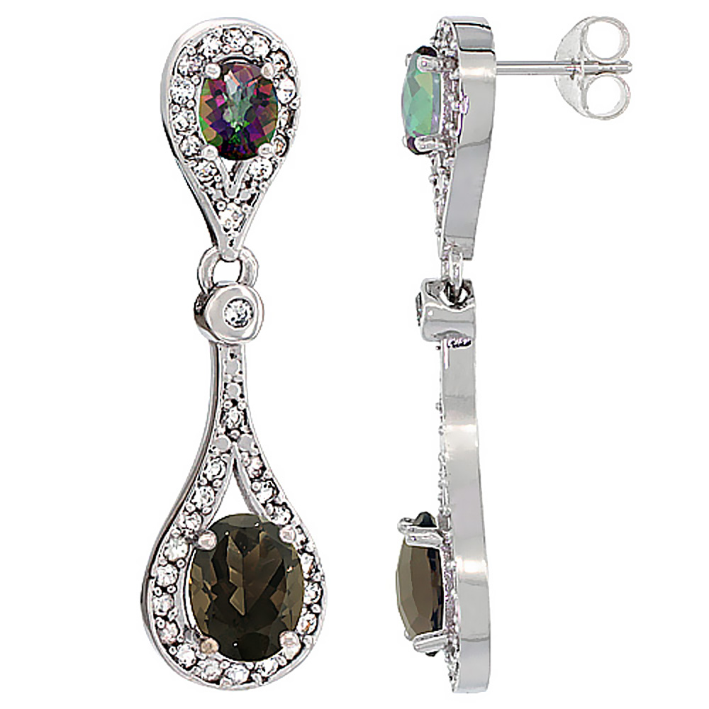 14K White Gold Natural Smoky Topaz &amp; Mystic Topaz Oval Dangling Earrings White Sapphire &amp; Diamond Accents, 1 3/8 inches long