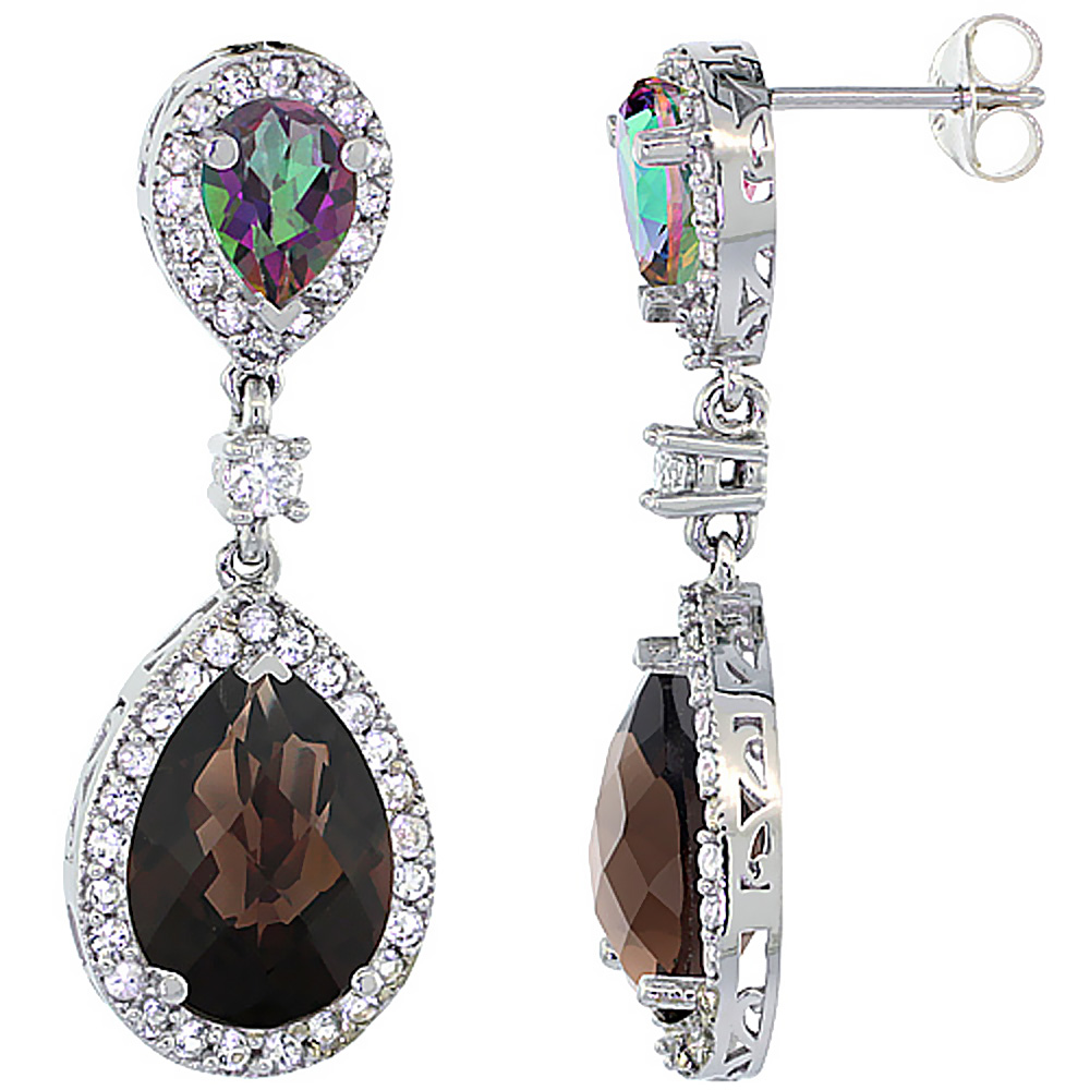 14K WHITE GOLD NATURAL SMOKY & MYSTIC TOPAZES TEARDROP EARRINGS WHITE SAPPHIRE & DIAMOND