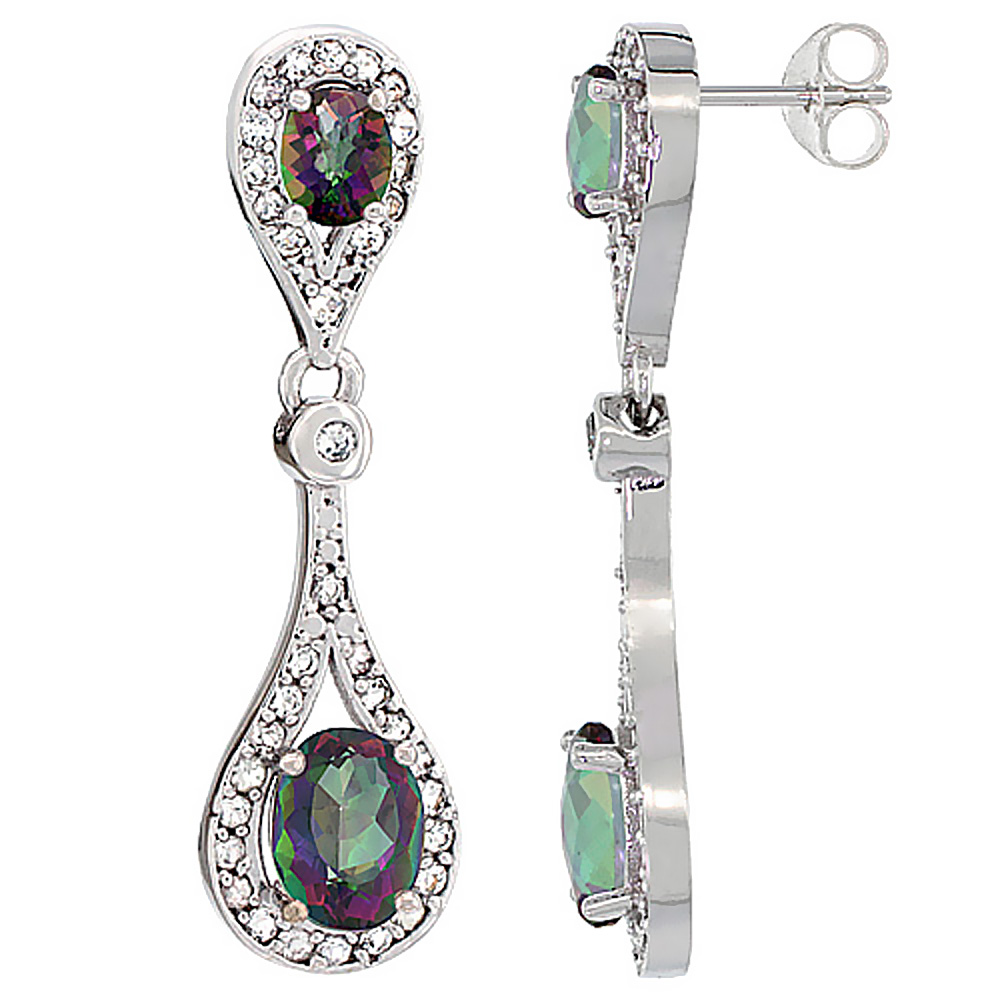 14K White Gold Natural Mystic Topaz Oval Dangling Earrings White Sapphire &amp; Diamond Accents, 1 3/8 inches long
