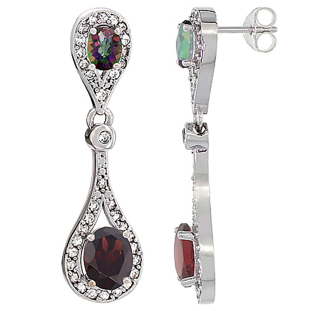 14K WHITE GOLD NATURAL GARNET & MYSTIC TOPAZ OVAL DANGLING EARRINGS WHITE SAPPHIRE & DIAMOND ACCENTS, 1 3/8 INCHES LONG