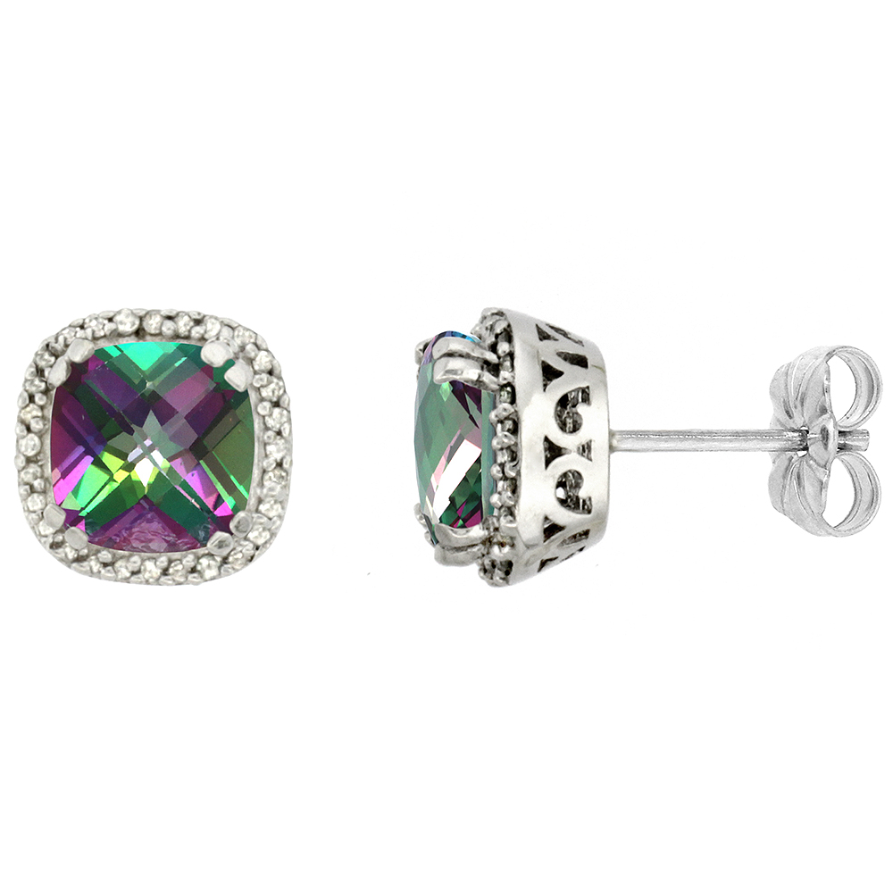 10K WHITE GOLD DIAMOND HALO NATURAL MYSTIC TOPAZ STUD EARRINGS CUSHION SHAPED 7X7 MM
