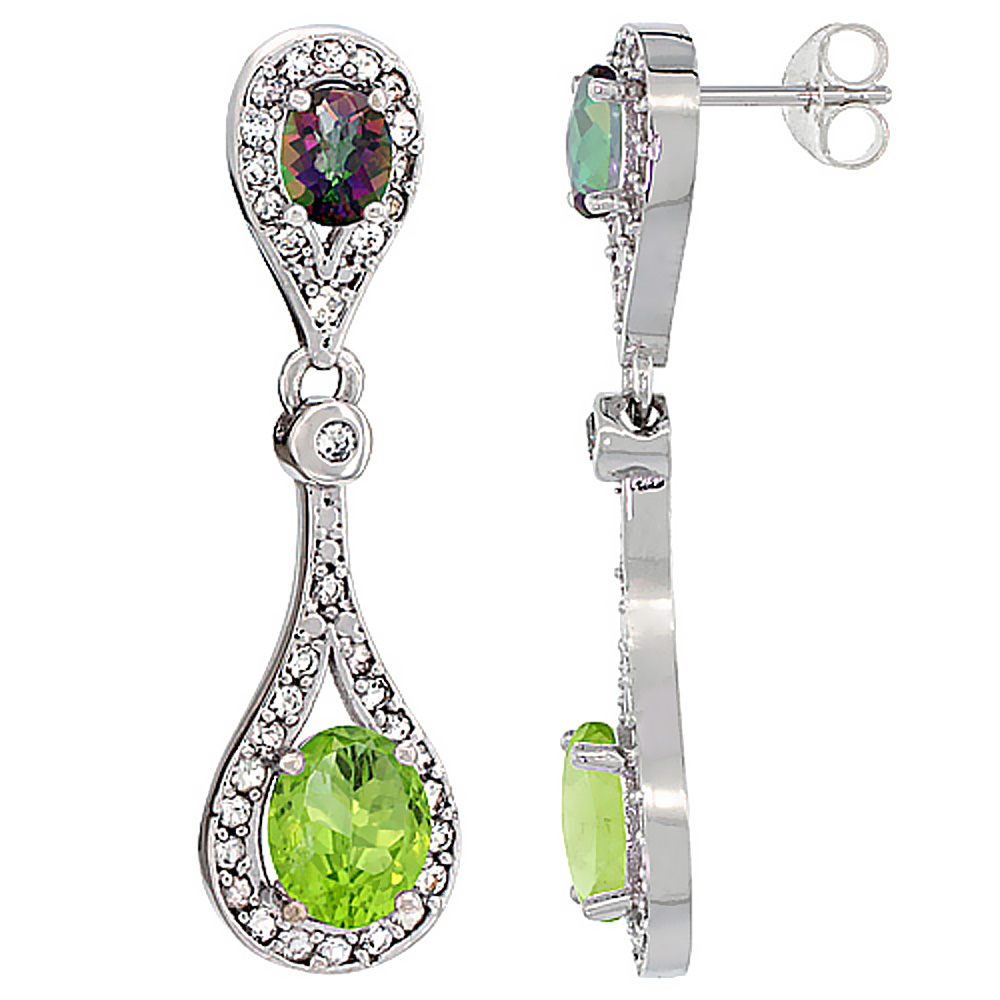 14K WHITE GOLD NATURAL PERIDOT & MYSTIC TOPAZ OVAL DANGLING EARRINGS WHITE SAPPHIRE & DIAMOND ACCENTS, 1 3/8 INCHES LONG
