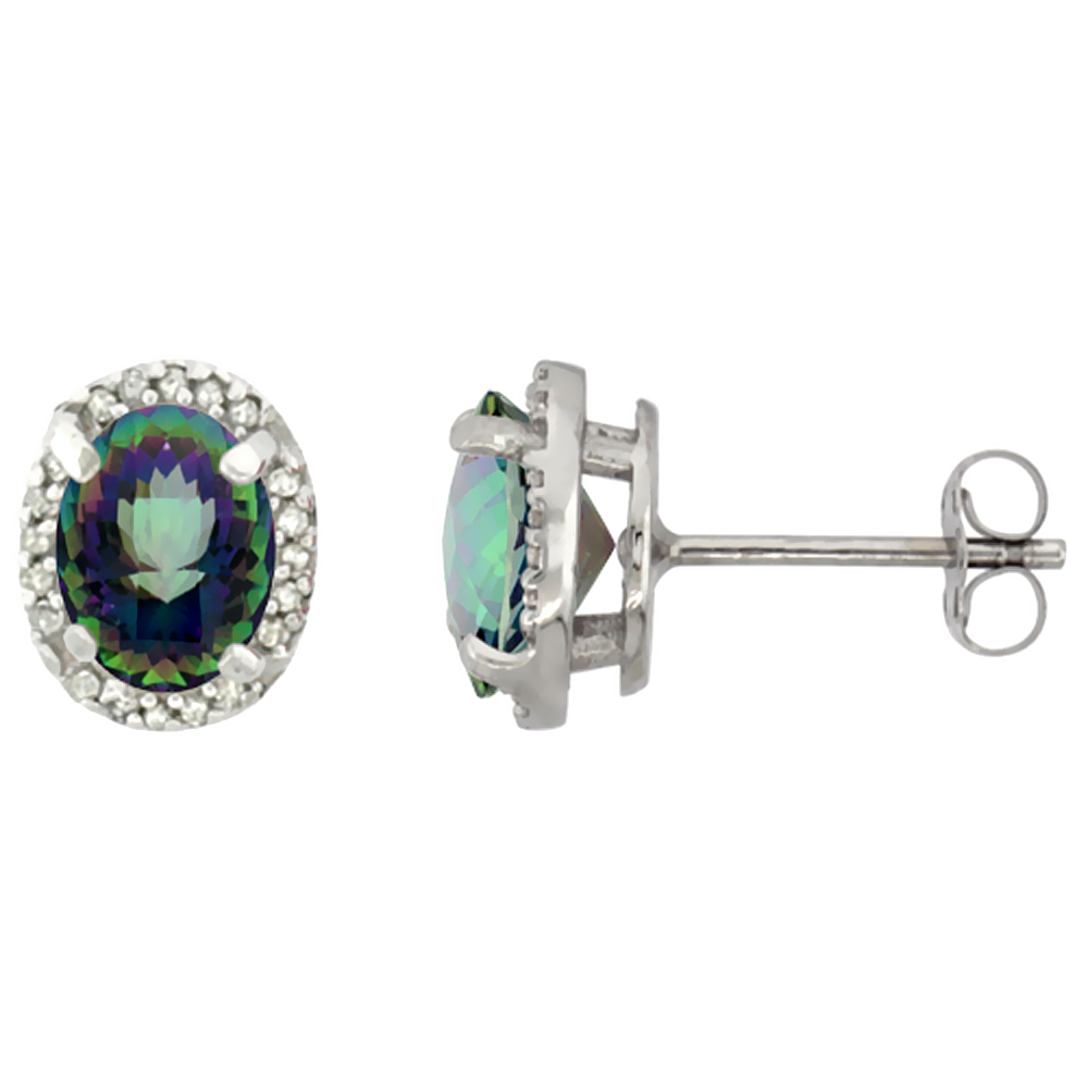 10K WHITE GOLD DIAMOND NATURAL MYSTIC TOPAZ EARRINGS OVAL 7X5 MM