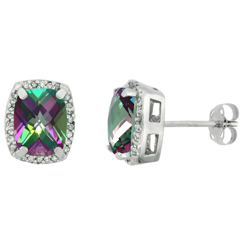 10K WHITE GOLD DIAMOND NATURAL MYSTIC TOPAZ EARRINGS OCTAGON CUSHION 8X6 MM
