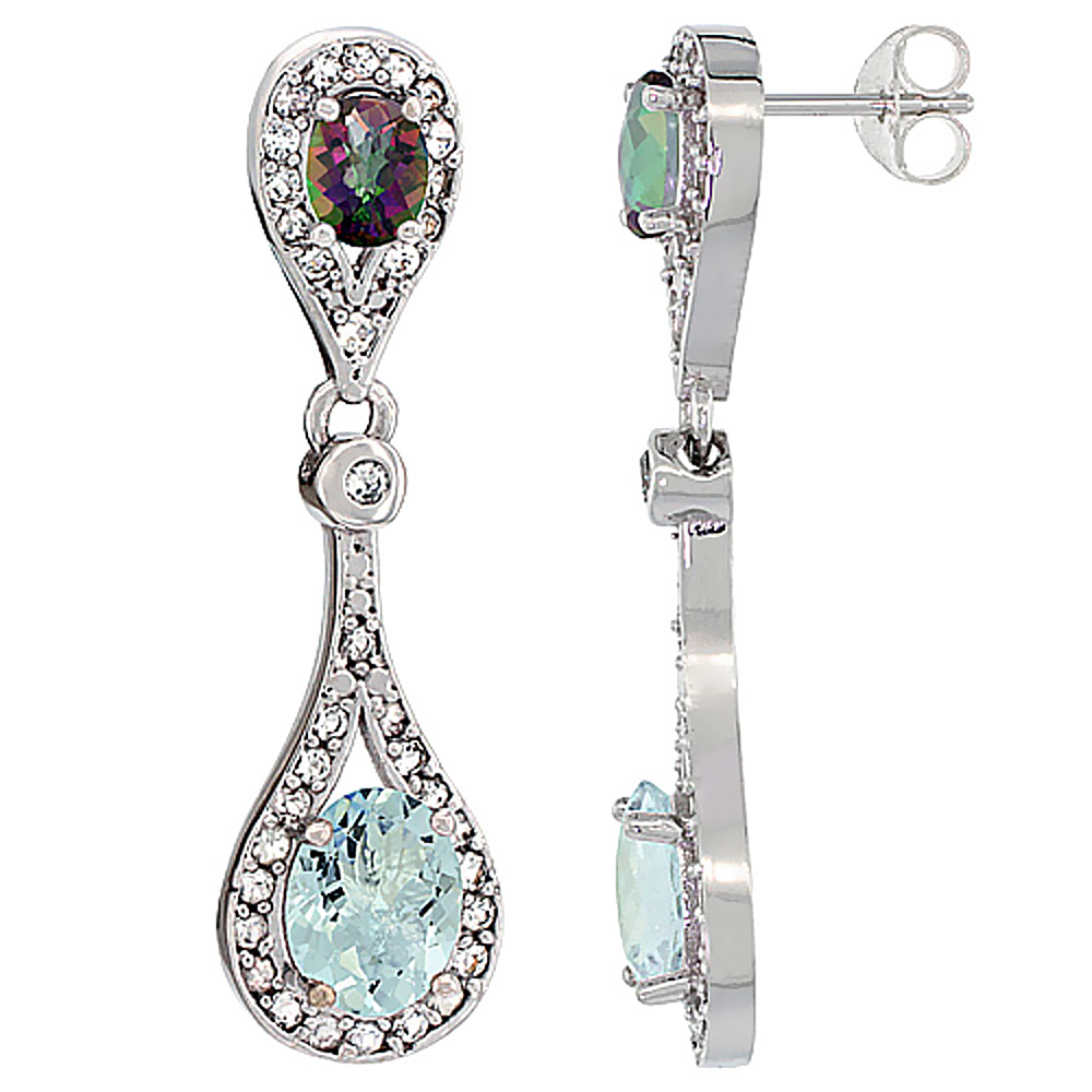 14K WHITE GOLD NATURAL AQUAMARINE & MYSTIC TOPAZ OVAL DANGLING EARRINGS WHITE SAPPHIRE & DIAMOND ACCENTS, 1 3/8 INCHES LONG