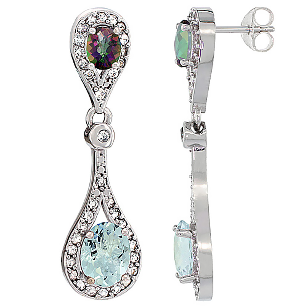 10K White Gold Natural Aquamarine & Mystic Topaz Oval Dangling Earrings White Sapphire & Diamond Accents, 1 3/8 inches long