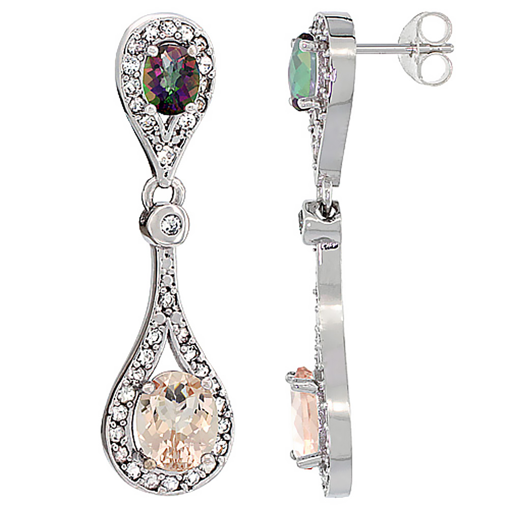 10K White Gold Natural Morganite & Mystic Topaz Oval Dangling Earrings White Sapphire & Diamond Accents, 1 3/8 inches long