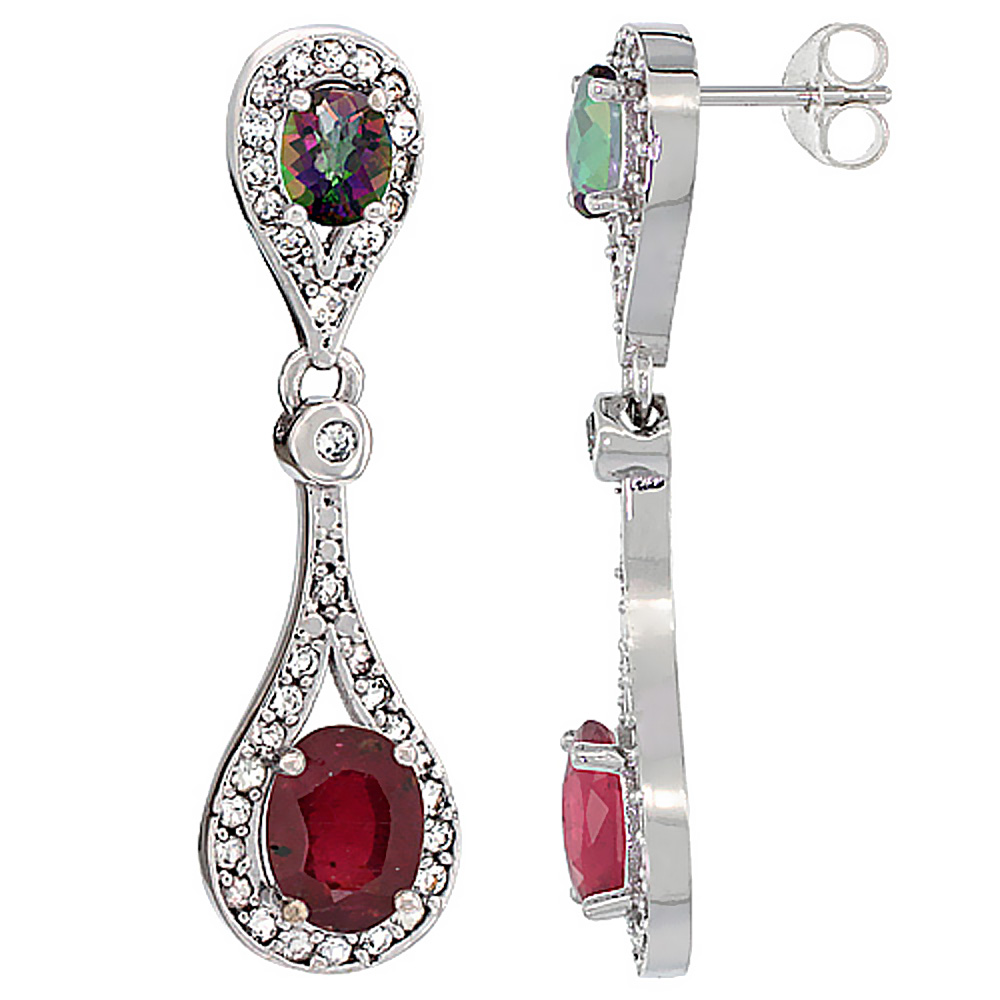 10K White Gold Enhanced Ruby & Mystic Topaz Oval Dangling Earrings White Sapphire & Diamond Accents, 1 3/8 inches long