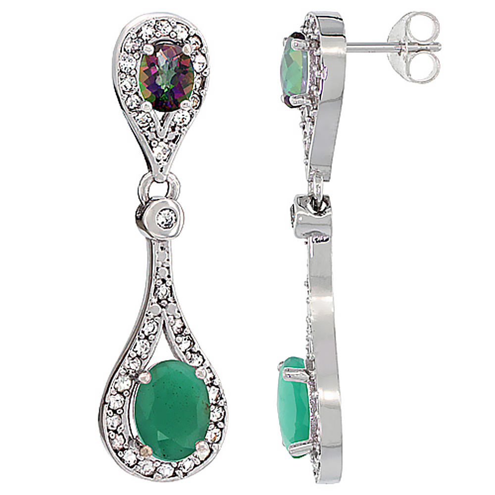10K White Gold Natural Emerald & Mystic Topaz Oval Dangling Earrings White Sapphire & Diamond Accents, 1 3/8 inches long