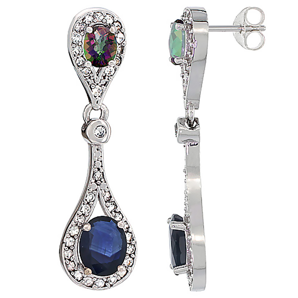 14K WHITE GOLD NATURAL BLUE SAPPHIRE & MYSTIC TOPAZ OVAL DANGLING EARRINGS WHITE SAPPHIRE & DIAMOND ACCENTS, 1 3/8 INCHES LONG