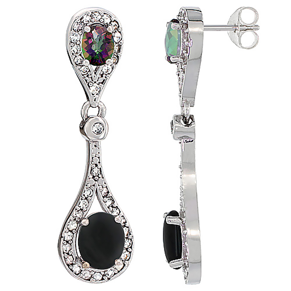 14K White Gold Natural Black Onyx & Mystic Topaz Oval Dangling Earrings White Sapphire & Diamond Accents, 1 3/8 inches long