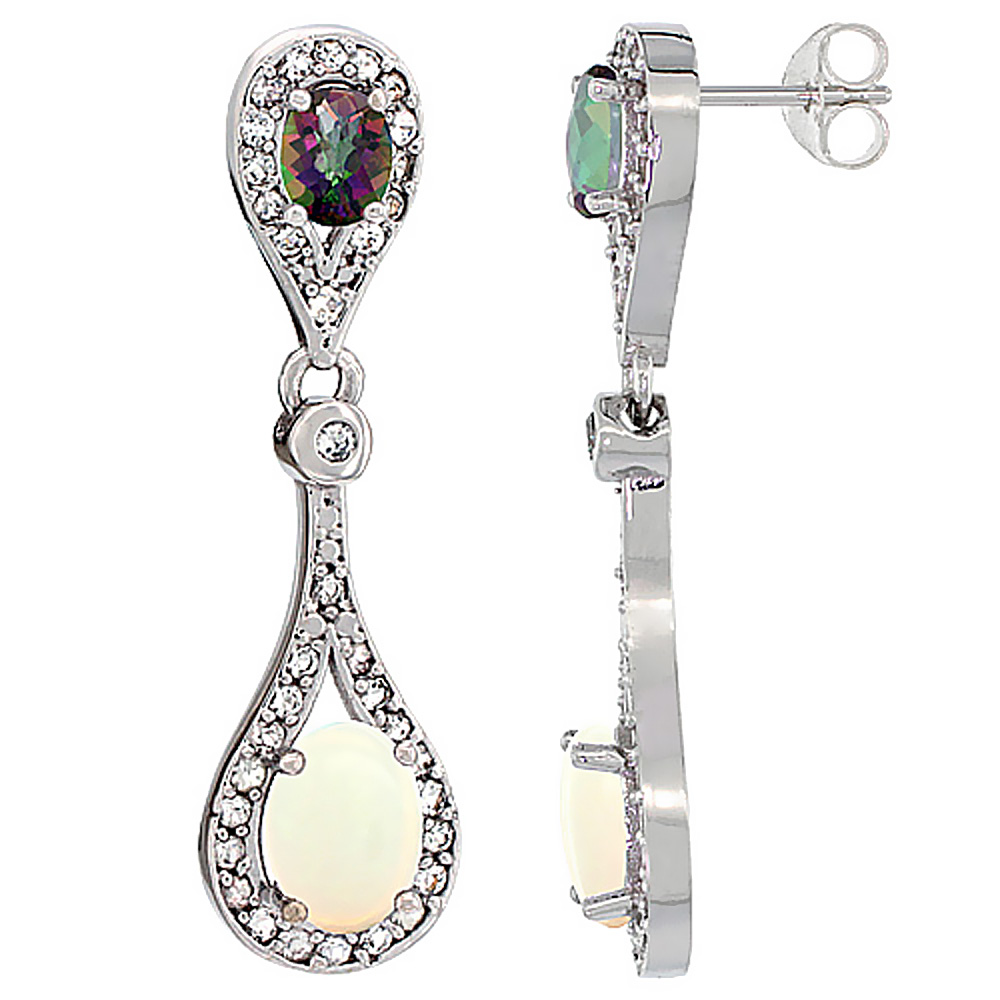 14K White Gold Natural Opal &amp; Mystic Topaz Oval Dangling Earrings White Sapphire &amp; Diamond Accents, 1 3/8 inches long