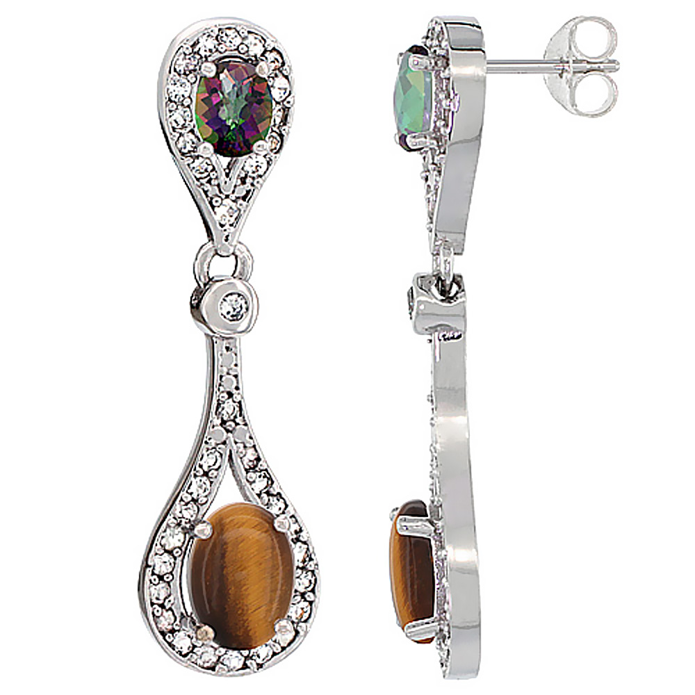 14K WHITE GOLD NATURAL TIGER EYE & MYSTIC TOPAZ OVAL DANGLING EARRINGS WHITE SAPPHIRE & DIAMOND ACCENTS, 1 3/8 INCHES LONG