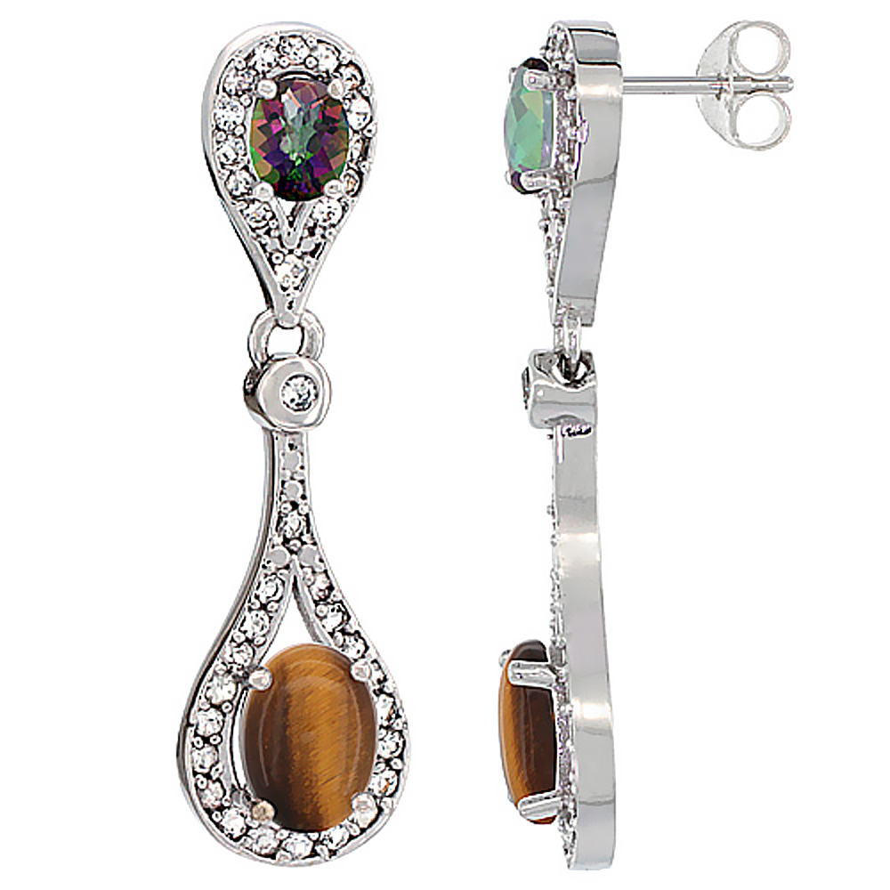 14K White Gold Natural Tiger Eye & Mystic Topaz Oval Dangling Earrings White Sapphire & Diamond Accents, 1 3/8 inches long