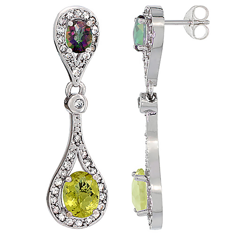 14K WHITE GOLD NATURAL LEMON QUARTZ & MYSTIC TOPAZ OVAL DANGLING EARRINGS WHITE SAPPHIRE & DIAMOND ACCENTS, 1 3/8 INCHES LONG
