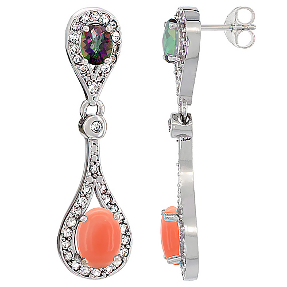 14K White Gold Natural Coral &amp; Mystic Topaz Oval Dangling Earrings White Sapphire &amp; Diamond Accents, 1 3/8 inches long