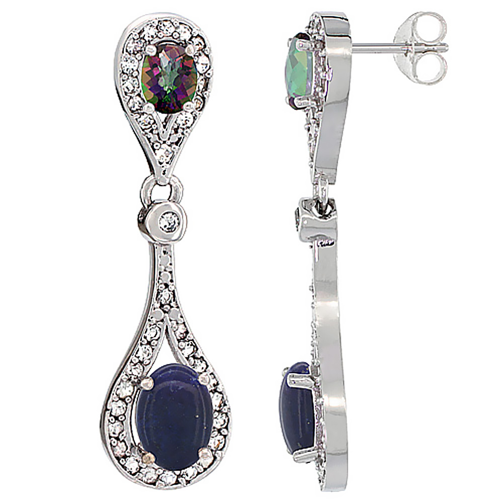 10K White Gold Natural Lapis &amp; Mystic Topaz Oval Dangling Earrings White Sapphire &amp; Diamond Accents, 1 3/8 inches long