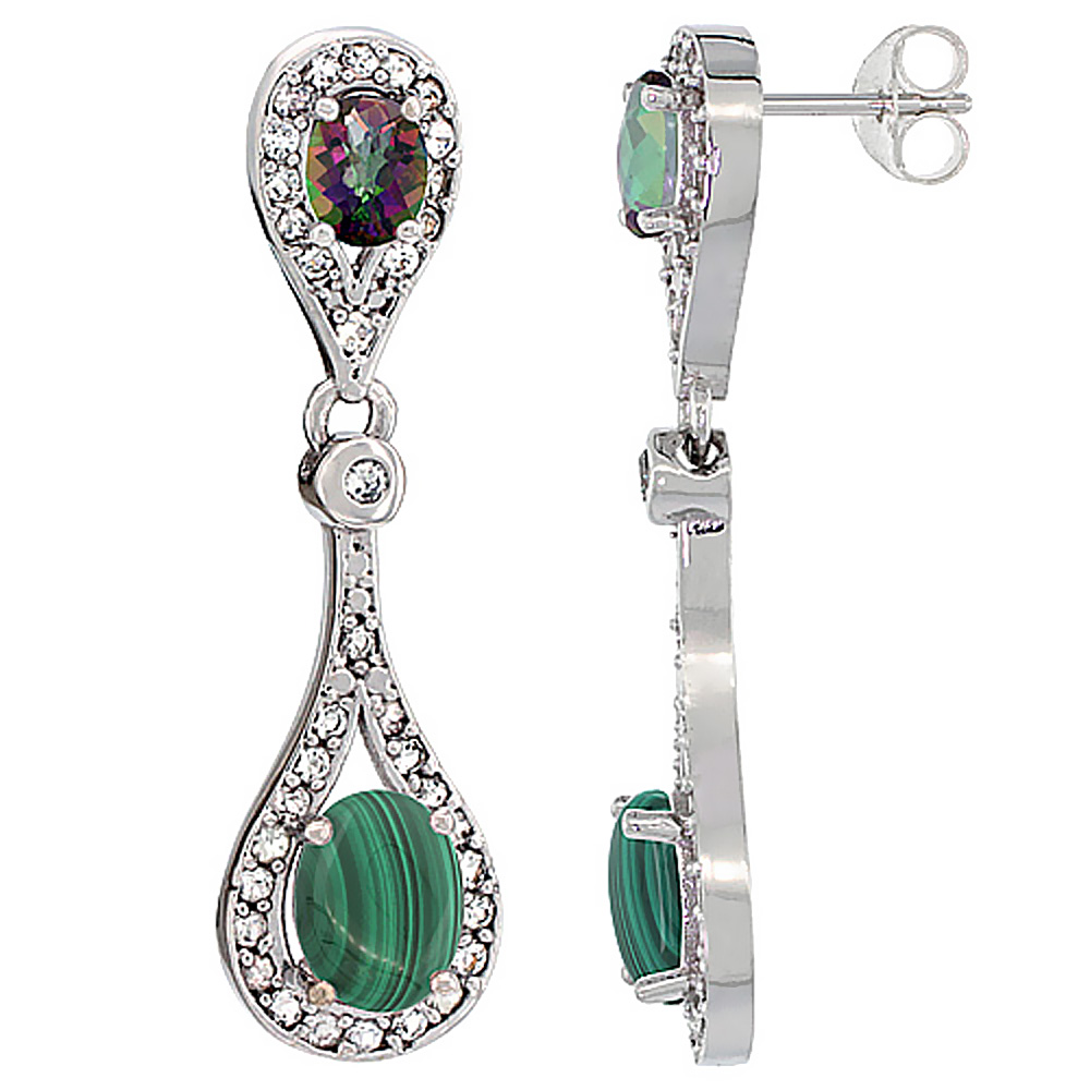 14K WHITE GOLD NATURAL MALACHITE & MYSTIC TOPAZ OVAL DANGLING EARRINGS WHITE SAPPHIRE & DIAMOND ACCENTS, 1 3/8 INCHES LONG