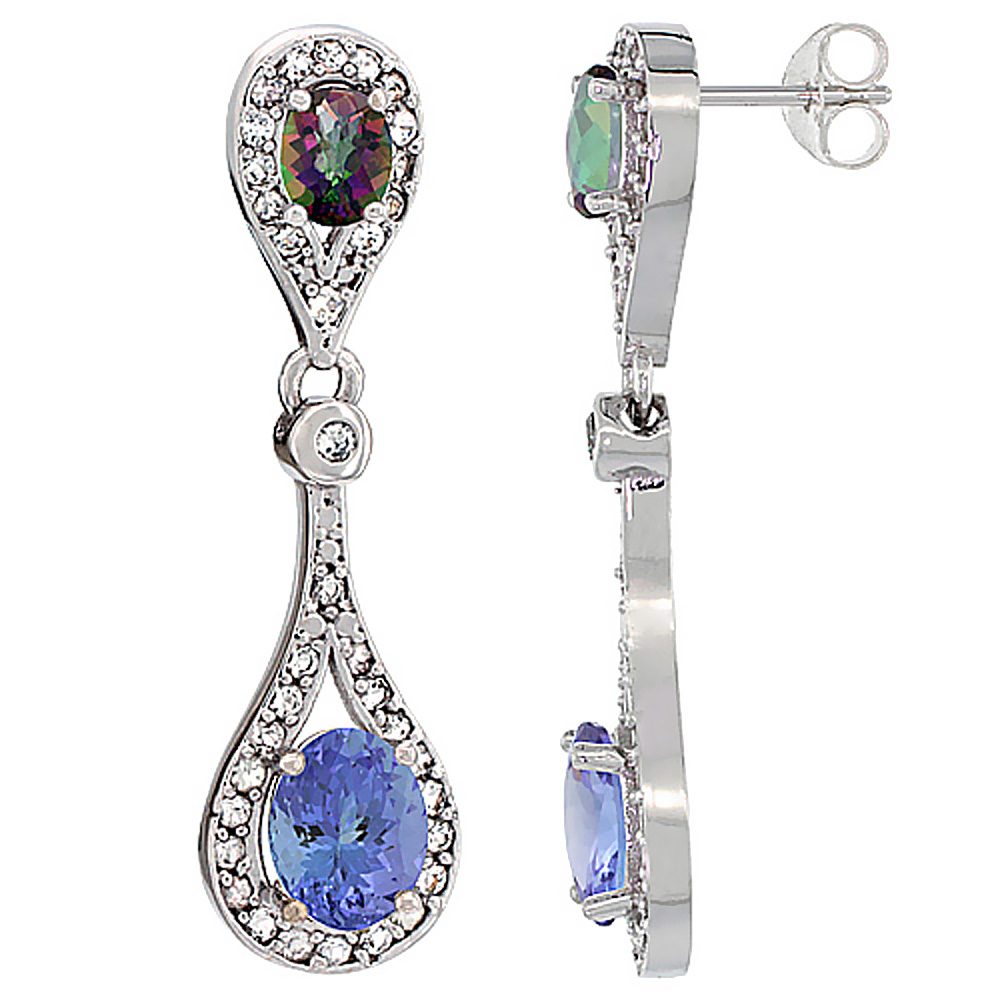 14K WHITE GOLD NATURAL TANZANITE & MYSTIC TOPAZ OVAL DANGLING EARRINGS WHITE SAPPHIRE & DIAMOND ACCENTS, 1 3/8 INCHES LONG