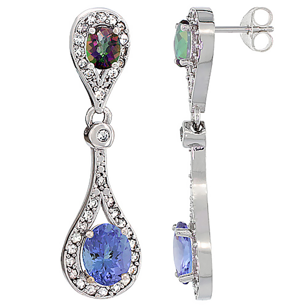 14K White Gold Natural Tanzanite &amp; Mystic Topaz Oval Dangling Earrings White Sapphire &amp; Diamond Accents, 1 3/8 inches long