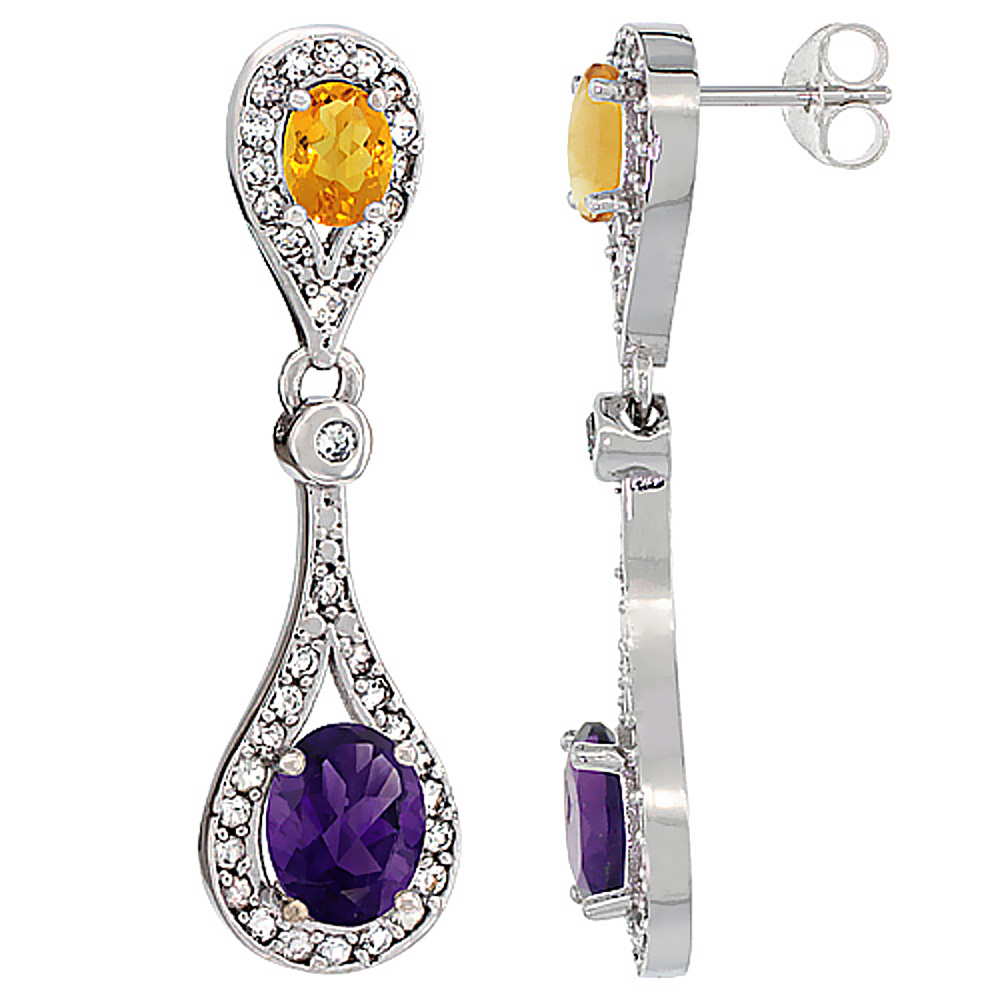 14K WHITE GOLD NATURAL AMETHYST & CITRINE OVAL DANGLING EARRINGS WHITE SAPPHIRE & DIAMOND ACCENTS, 1 3/8 INCHES LONG