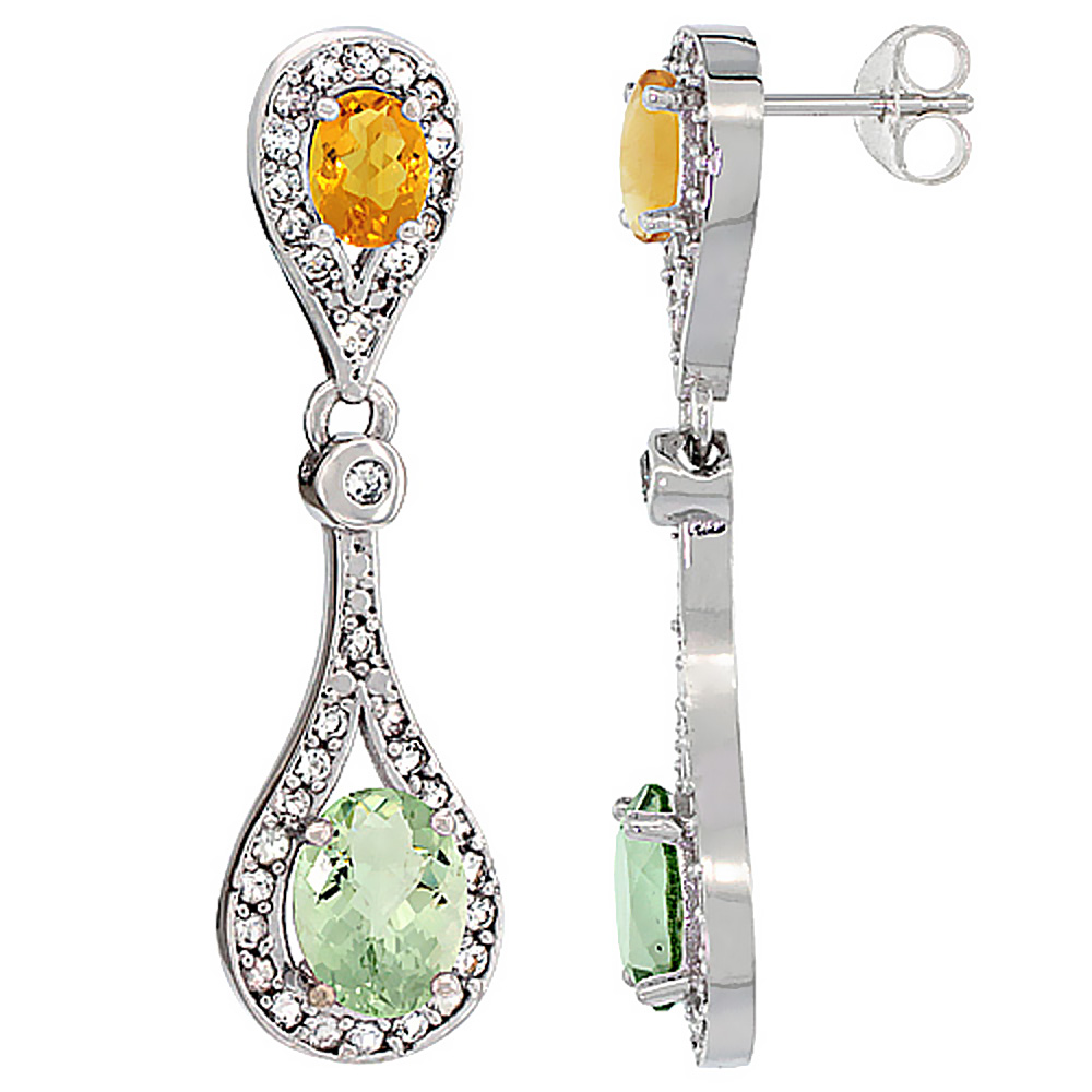 14K WHITE GOLD NATURAL GREEN AMETHYST & CITRINE OVAL DANGLING EARRINGS WHITE SAPPHIRE & DIAMOND ACCENTS, 1 3/8 INCHES LONG